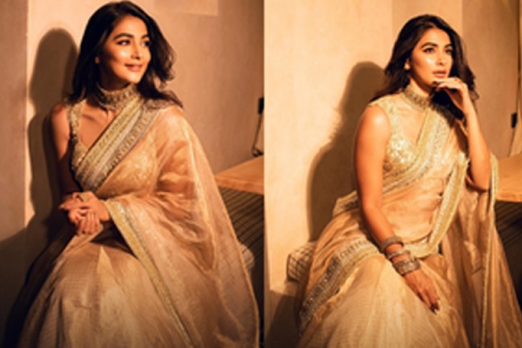 Pooja Hegde is Diwali ready in shimmery golden saree