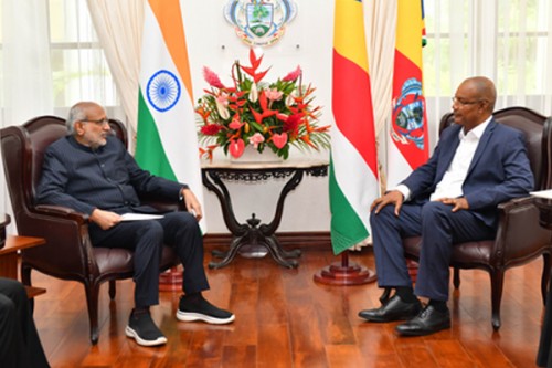 VP Radhakrishnan meets Seychelles Prez in Victoria, discusses bilateral ties