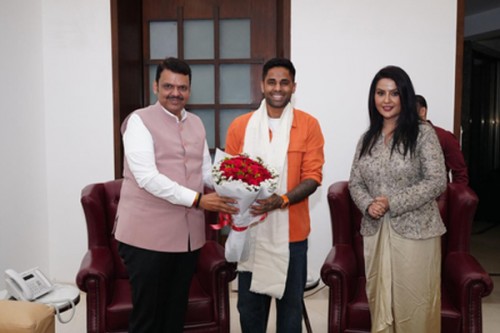 Maha CM Devendra Fadnavis felicitates captain Suryakumar Yadav, Shivam Dube after T20 WC glory